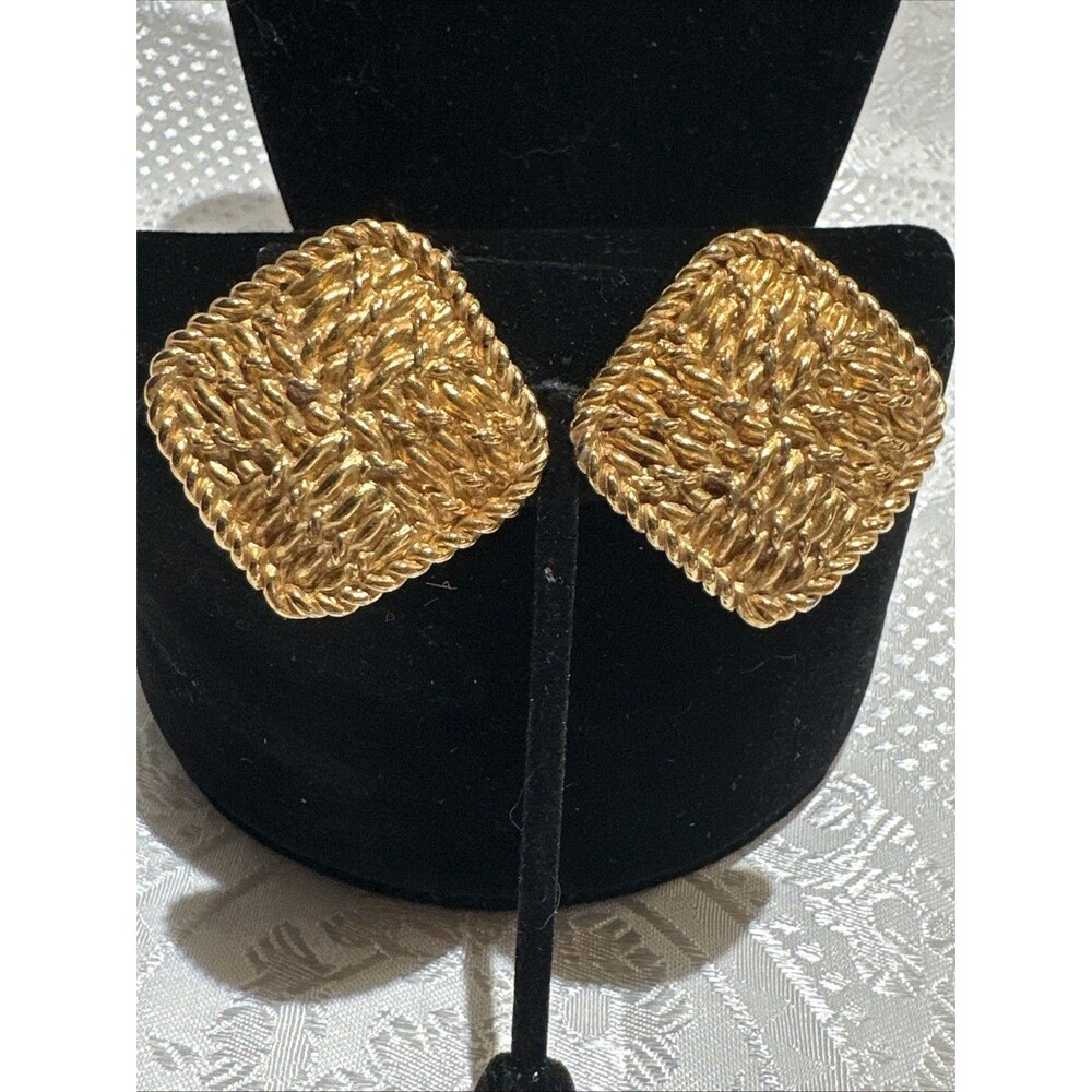 Gold Tone Basket Weaven Square Clip Earrings Carlisle